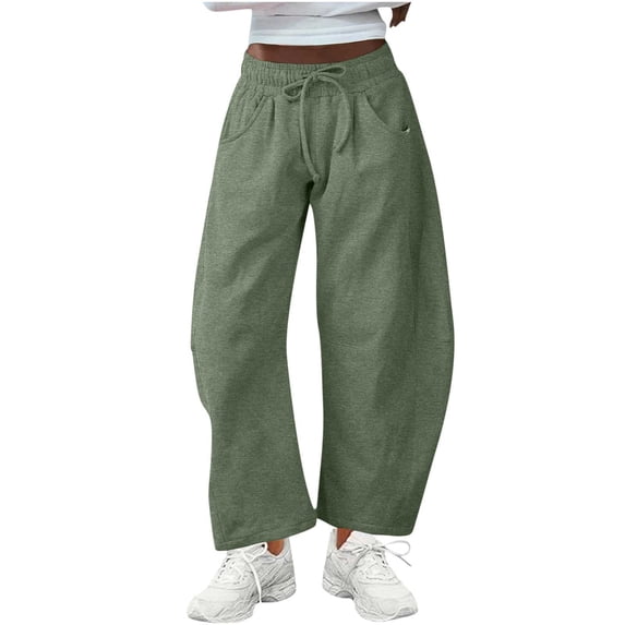 Lovzfmll Barrel Leg Sweatpants for Women, Drawstring Elastic Waist Joggers, Wide Leg Lounge Pants with Pockets Green, M