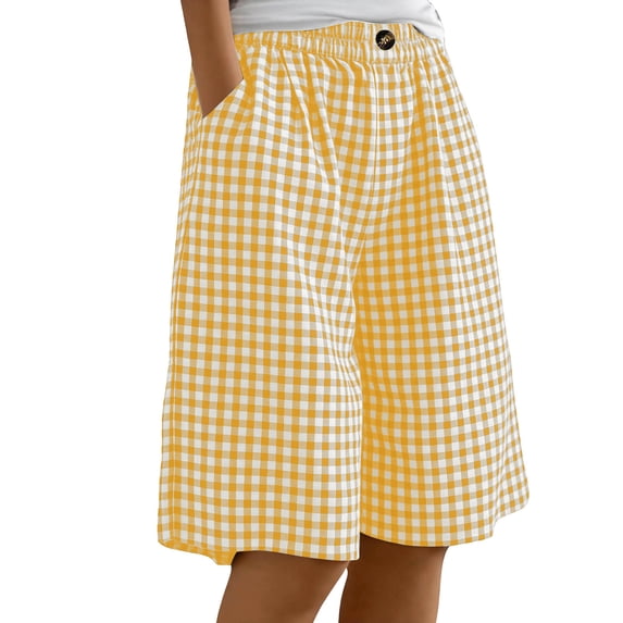 Lovzfmll Bermuda Shorts for Women, Plaid Linen-Look Casual, Relaxed Fit Everyday Shorts Yellow, 2XL