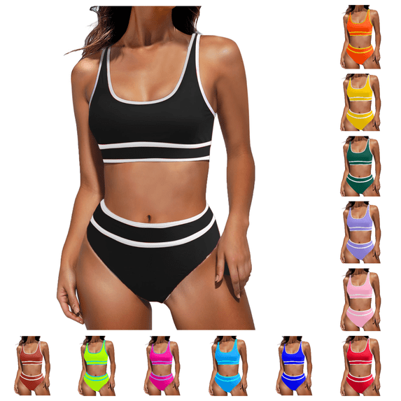 Lovzfmll Bikini Set for Women, Solid Color Crop Top with Detachable Pads, High Waisted Bathing Suit for Tummy Control