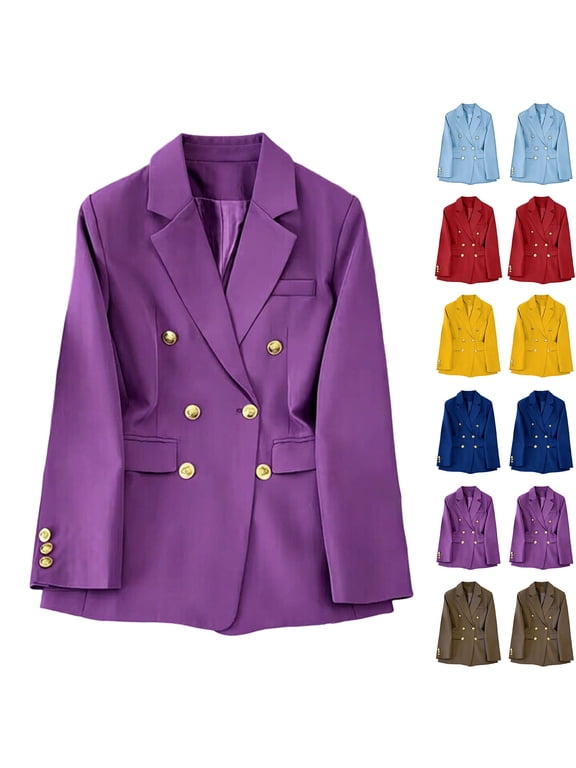 Blazer for Women, Double-Breasted Notch Collar Padded Shoulder Jacket, Loose Fit Office Workwear Red, XS