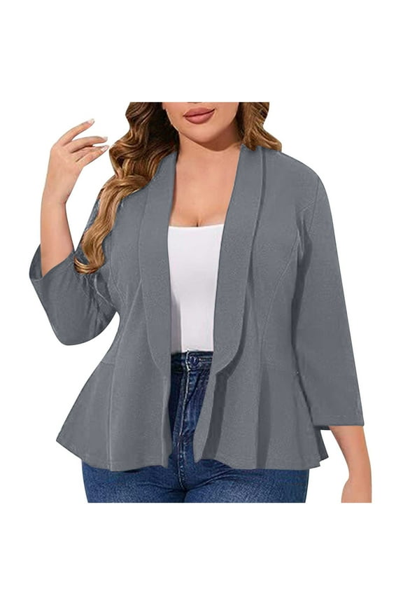 Blazers for Women, Plus Size Solid Color Blazer, Lightweight Casual Suit Jacket with 3/4 Sleeve Ruffle Hem, Fall Clothing