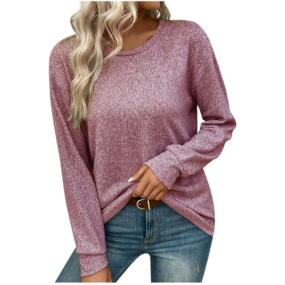 Lovzfmll Blouses for Women, Women's Casual Fall and Winter Round Neck Long Sleeve Loose Fashion Blouses T-Shirts Solid Color Button Comfortable and Lightweight Daily Tops Pink 2XL