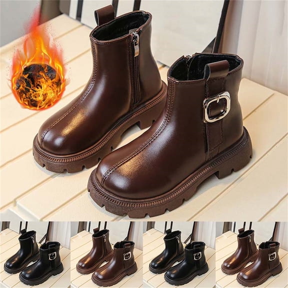 Lovzfmll Boots for Boys Girls, Fleece Lined Warm Boots, Soft Sole Leather Ankle Booties, Round Toe Chunky Heel Winter Shoes for Toddler 3.5-4 Years, Brown