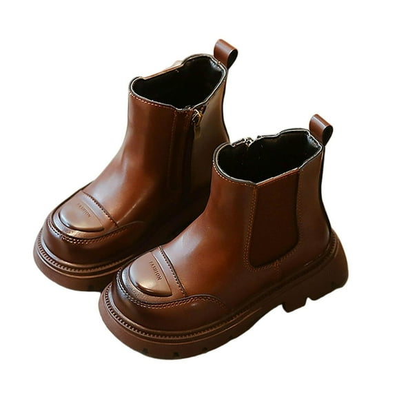 Lovzfmll Boots for Boys Girls, Vintage Preppy British Style Leather Ankle Booties, Round Toe Chunky Heel Fleece Winter Shoes for Kids 7.5-8 Years, Coffee