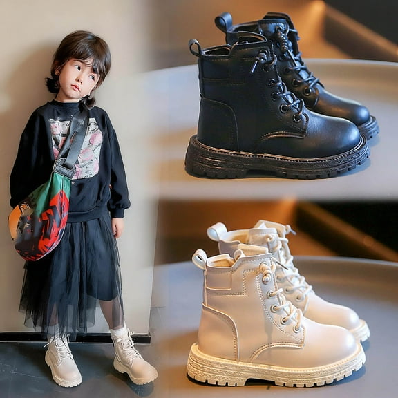 Lovzfmll Boots for Boys Girls, Winter Leather Lace Up Short Boots, Round Toe Chunky Heel Booties, Fleece Lined Winter Shoes for Toddler 2-3 Years, White