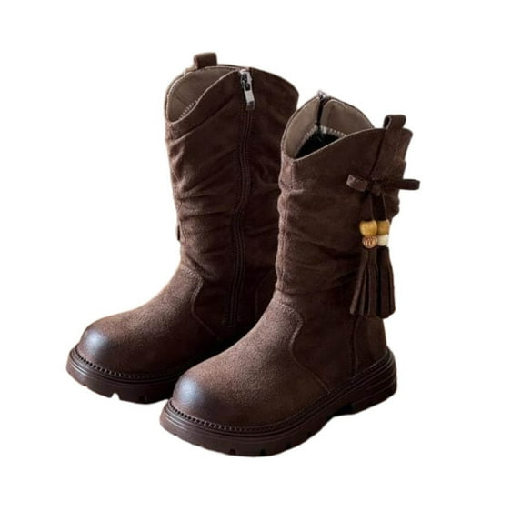 Lovzfmll Boots for Girls, Vintage Tassel Slouch Winter Thick Sole Long Tube Beaded Boots, Fleece Lined Warm Mid Calf Boots for Kids 9-9.5 Years, Coffee