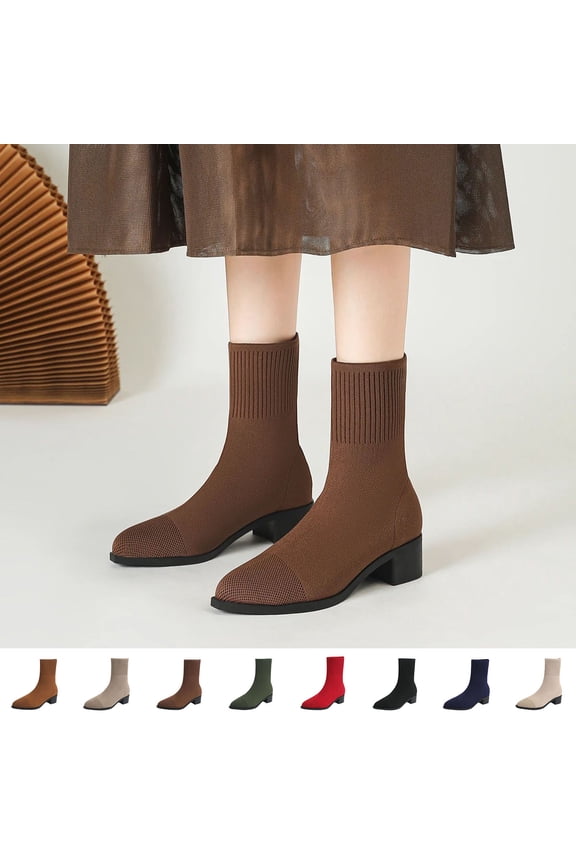 Boots for Women, Chunky Low Heel Ankle Boots, Pointed Toe Stretchy Knitting Sock Booties, Casual Warm Fall Winter Shoes, 5.5, Coffee