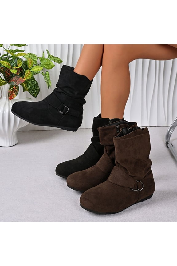 Boots for Women, Flat Heel Slouch Casual Comfort Ankle Boots, Ring Buckle Side Zipper Fashion Fall Winter Booties, 5.5, Black