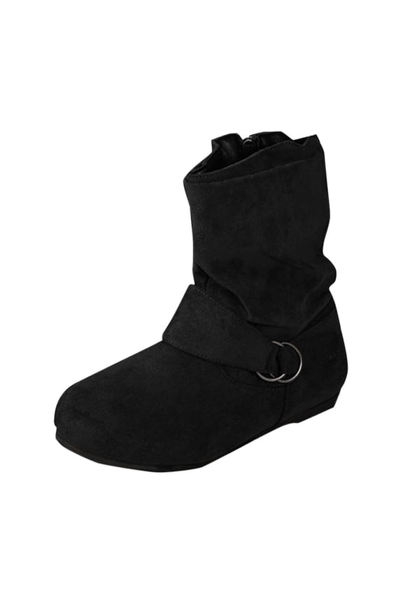 Boots for Women, Flat Heel Slouch Casual Comfort Ankle Boots, Ring Buckle Side Zipper Fashion Fall Winter Booties, 6, Black