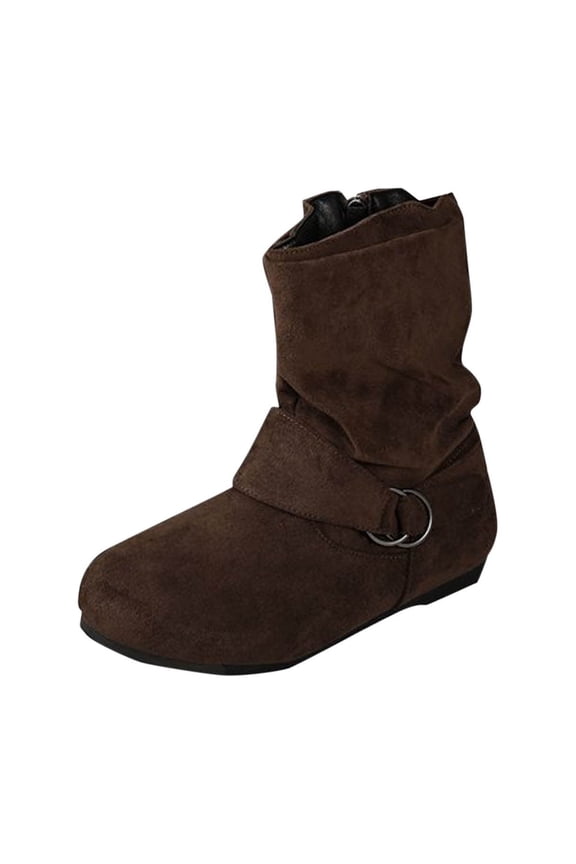 Boots for Women, Flat Heel Slouch Casual Comfort Ankle Boots, Ring Buckle Side Zipper Fashion Fall Winter Booties, 6, Brown