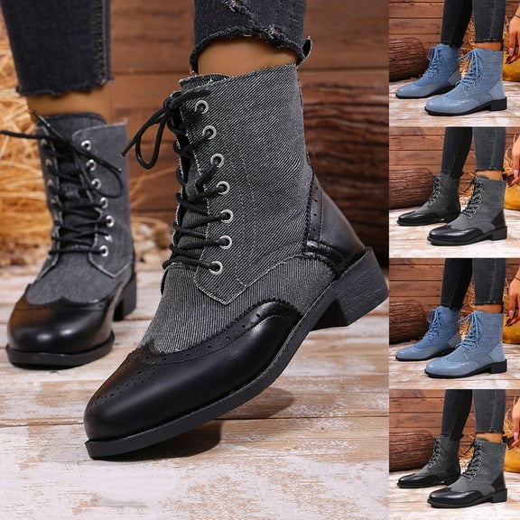 Lovzfmll Boots for Women, Lace Up Denim Boots, Low Heel Round Toe Ankle Booties, Fashion Casual Fall Winter Shoes, 5.5, Black