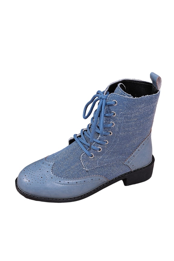 Boots for Women, Lace Up Denim Boots, Low Heel Round Toe Ankle Booties, Fashion Casual Fall Winter Shoes, 6, Blue