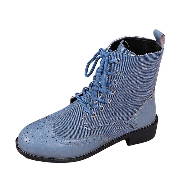 Lovzfmll Boots for Women, Lace Up Denim Boots, Low Heel Round Toe Ankle Booties, Fashion Casual Fall Winter Shoes, 8.5, Blue