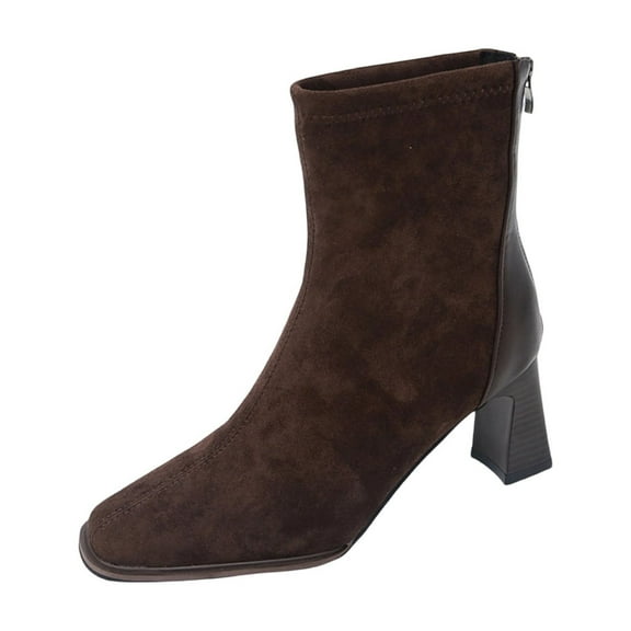 Lovzfmll Boots for Women, Round Toe Block Heel Booties, Plus Size Comfy Fall Winter Ankle Boots Shoes with Back Zipper, 6, Brown