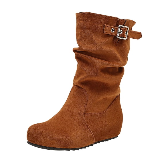 Lovzfmll Boots for Women, Slouch Belt Buckle Cowboy Boots, Round Toe Ankle Booties, Trendy Comfort Fall Winter Shoes, 7, Brown