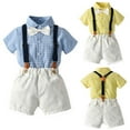 thumbnail image 1 of Lovzfmll Boy's Cotton Bow Tie Bib Shorts Set, Short Sleeve Button Down Top & Bib Shorts, Relaxed Fit Dressy Outfits for Infant 12-18 Months, 1 of 8