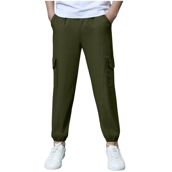 Lovzfmll Boy's Spring Summer Linen Cargo Pants, Solid Color Ankle Cuff Trousers with Multi-Pockets, Casual Outdoor Wear for Kids 10-12 Years