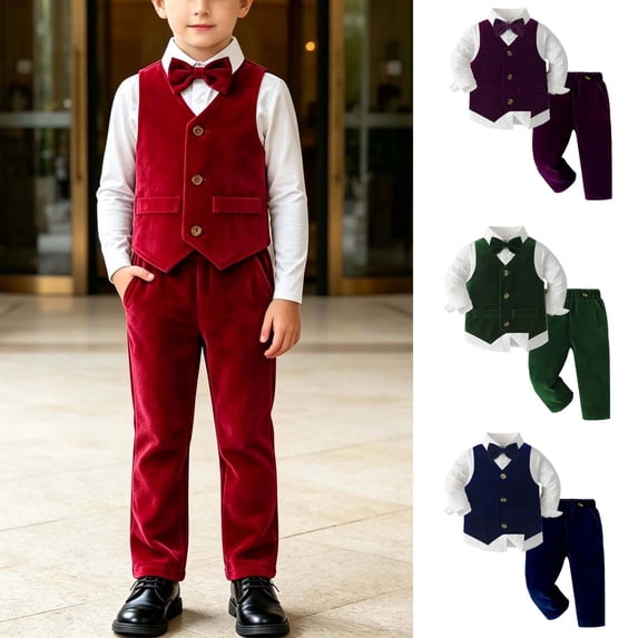 Lovzfmll Boys' 4-Piece Suit, Velvet Vest & Shirt & Pants & Bow Tie, Holiday Formal Clothing for Toddler Boys, 3-4 Years