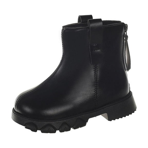 Lovzfmll Boys Girls Ankle Boots, Casual Warm Fleece Lined Back Zipper Flat Boots, Round Toe Chunky Heel Winter Booties for Toddler 2.5-3 Years, Black