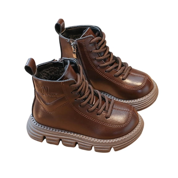 Lovzfmll Boys Girls Ankle Boots, Winter Leather Lace Up Boots, Round Toe Chunky Heel Booties, Fleece Lined Short Boots for Toddler 3-3.5 Years, Brown
