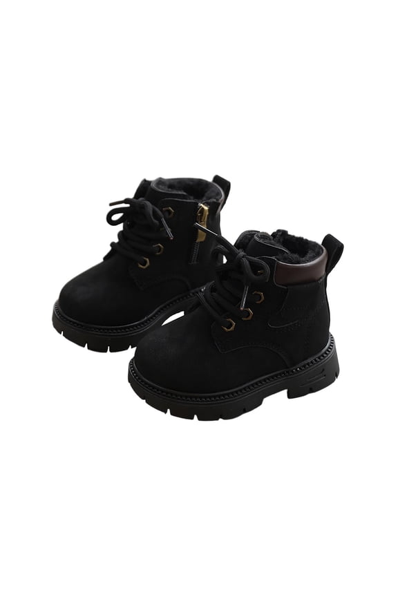Boys Girls Boots, Lace Up Fleece Lined Warm Winter Snow Boots, Soft Leather Ankle Booties, Classic Casual Shoes for Kids 4-4.5 Years, Black