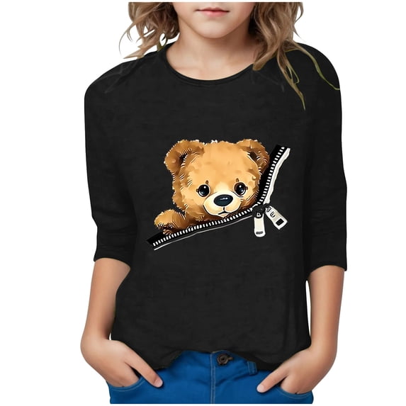 Lovzfmll Boys & Girls Casual Bear Print Top, Cute Three-Quarter Sleeve Tee, Animal Graphic Crew Neck Play Shirt for Toddler 3-4 Years