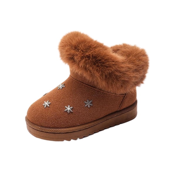 Lovzfmll Boys Girls Snow Boots, Cute Snowflake Embroidery Fleece Lined Warm Winter Boots, Flat Heel Outdoor Shoes for Toddler 3-3.5 Years, Brown
