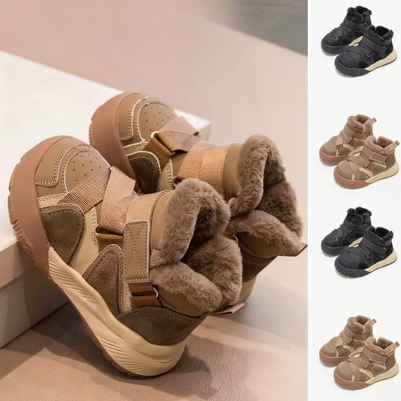 Lovzfmll Boys Girls Snow Boots, Fleece Lined Warm Winter Boots Round Toe Ankle Booties, Outdoor Activities Flat Shoes for Toddler 3.5-4 Years, Khaki