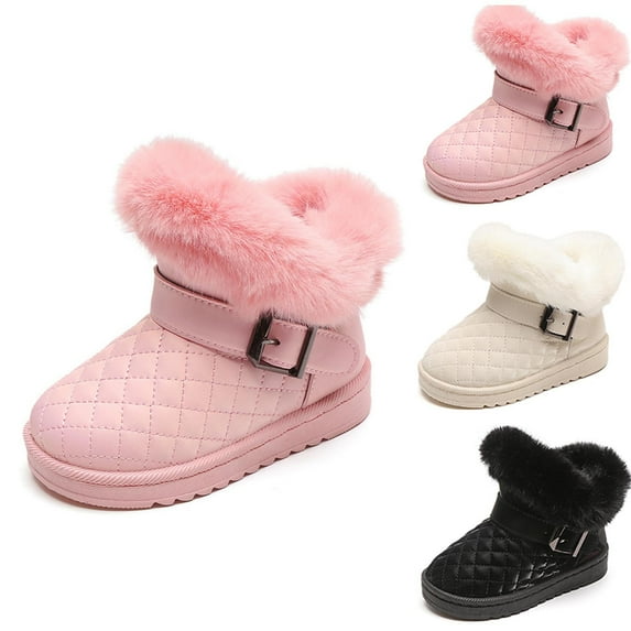 Lovzfmll Boys Girls Snow Boots, Furry Fleece Lined Warm Winter Boots, Belt Buckle Flat Heel Soft Ankle Booties Outdoor Shoes for Toddler 12-15 Months, Pink