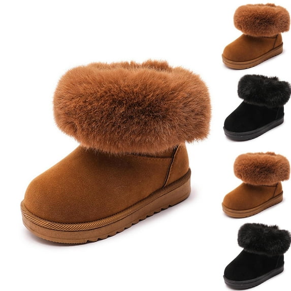 Lovzfmll Boys Girls Snow Boots, Furry Fleece Lined Warm Winter Boots, Flat Heel Thick Sole Ankle Booties Outdoor Shoes for Toddler 12-15 Months, Brown
