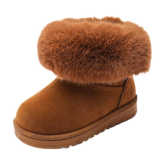 Lovzfmll Boys Girls Snow Boots, Furry Fleece Lined Warm Winter Boots, Flat Heel Thick Sole Ankle Booties Outdoor Shoes for Kids 6-7 Years, Brown