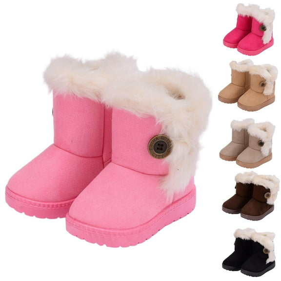 Lovzfmll Boys Girls Snow Boots, Furry Fleece Lined Warm Winter Boots, Flat Heel Thick Soled Ankle Booties Outdoor Shoes for Toddler 6-9 Months, Pink