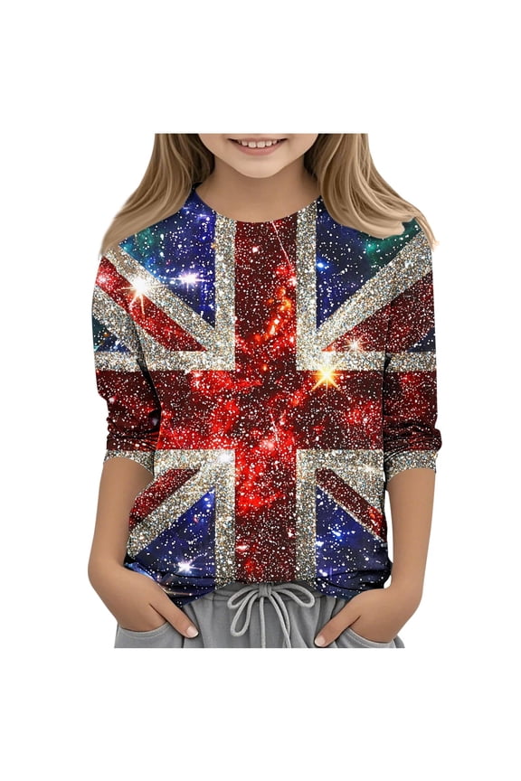 Boys' UK Flag Print 3/4 Sleeve Tee, Casual Crew Neck Layering Top for Spring Summer, Loose Fit Blouse for Toddler 3-4 Years
