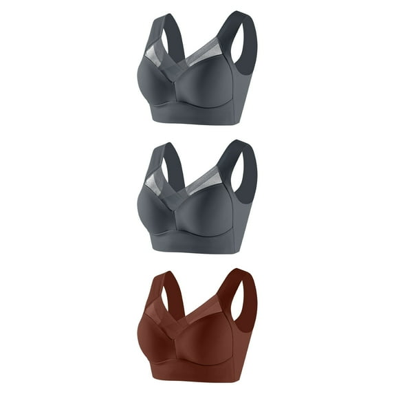 Lovzfmll Bras for Women, Women's Underarm-Smoog with Seamless Stretch Wireless Lightly Lined Comfort 3PC Without Underwire Underwear Lace Solid Color Push-Up Adjustment Bra 3PC (Brown & Gray) 6XL