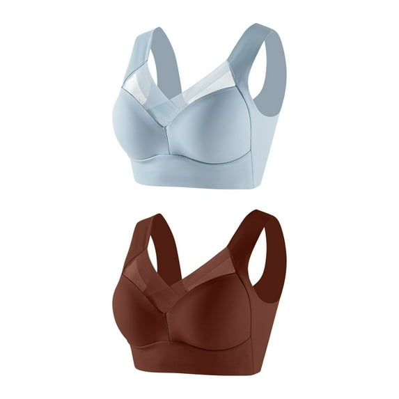 Lovzfmll Bras for Women, Women's Underwire Underwear Thin Lace Solid Color Push-up Adjustment Women's Underarm-Smoothing with Seamless Stretch Wireless Lightly Lined Comfort Bra 2PC (Brown & Blue) L