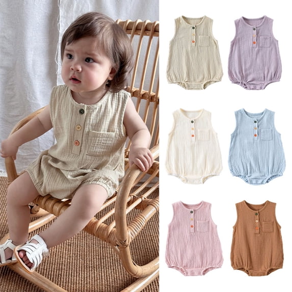 Lovzfmll Button Pocket Sleeveless Romper for Toddlers, Solid Color Snap Crotch Jumpsuit for Little Boys & Girls, Casual Summer Outfits for 3-6 Months