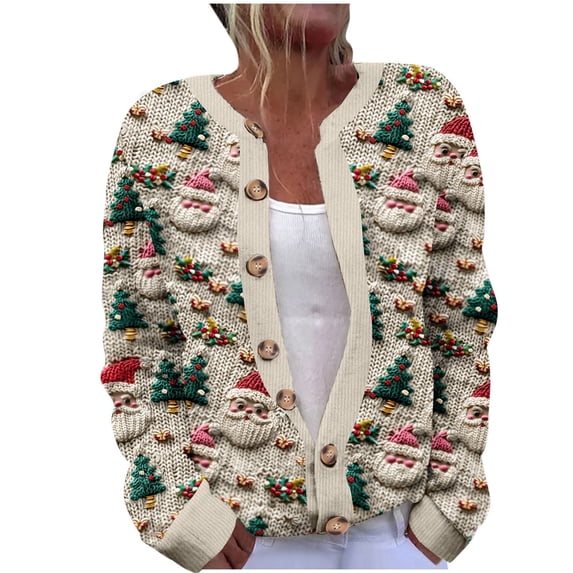 Lovzfmll Cardigan Sweaters for Women, Christmas Print Solid Color Cardigan, Open Front Button Down Sweater, Winter Clothing