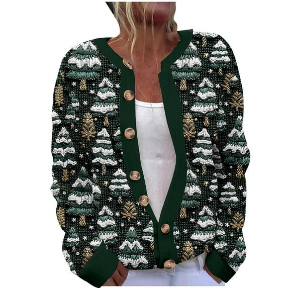 Lovzfmll Cardigan Sweaters for Women, Christmas Print Solid Color Cardigan, Open Front Button Down Sweater, Winter Clothing