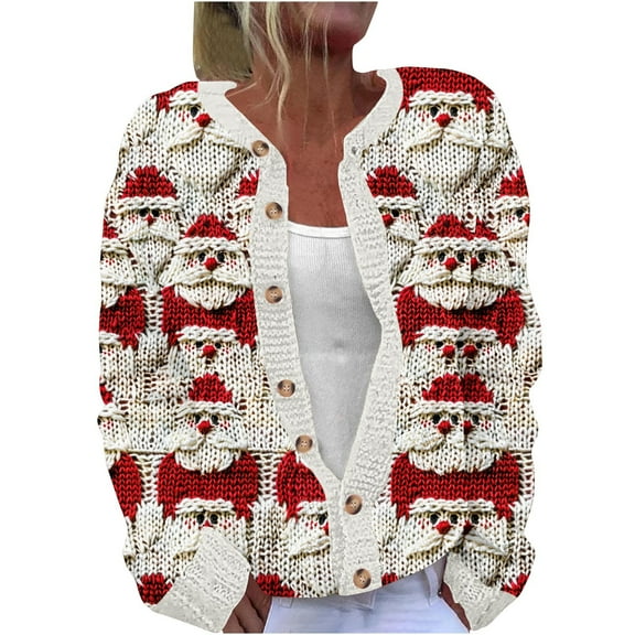 Lovzfmll Cardigan Sweaters for Women, Christmas Print Solid Color Cardigan, Open Front Button Down Sweater, Winter Clothing