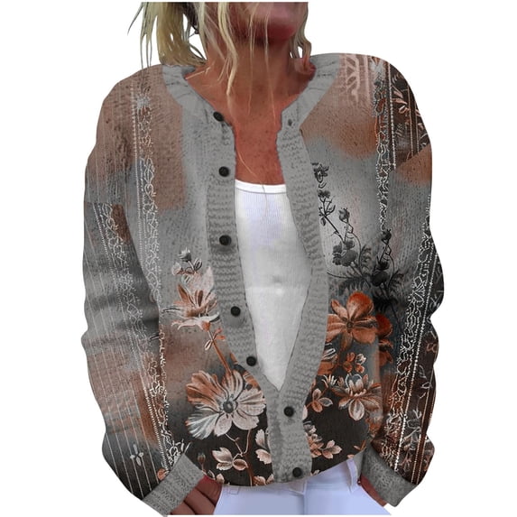 Lovzfmll Cardigan Sweaters for Women, Floral Print Knit Cardigan, Button Front Open Front Sweater, Fall Winter Clothing