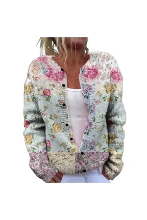Cardigan Sweaters for Women, Floral Print Knit Cardigan, Button Front Open Front Sweater, Fall Winter Clothing