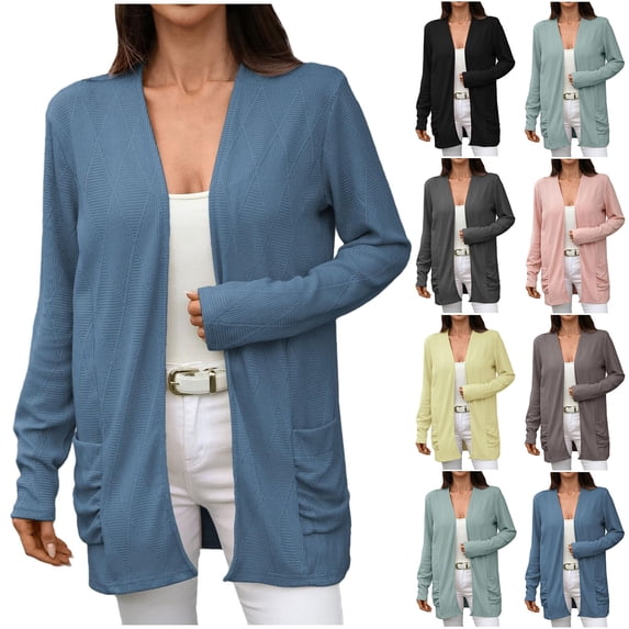 Lovzfmll Cardigan Sweaters for Women, Pockets Knit Outerwear Mid-Length Tops Women Fall Clothes Ribbed Early Fall Fashion