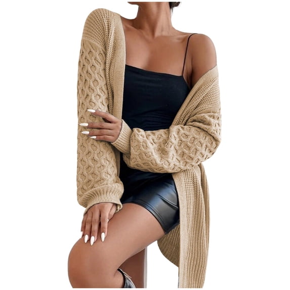 Lovzfmll Cardigan Sweaters for Women, Puff Sleeve Mid-Length Knit Sweater Outerwear Tops Women Fall Clothes Chunky Cardigan Ribbed Early Fall Fashion