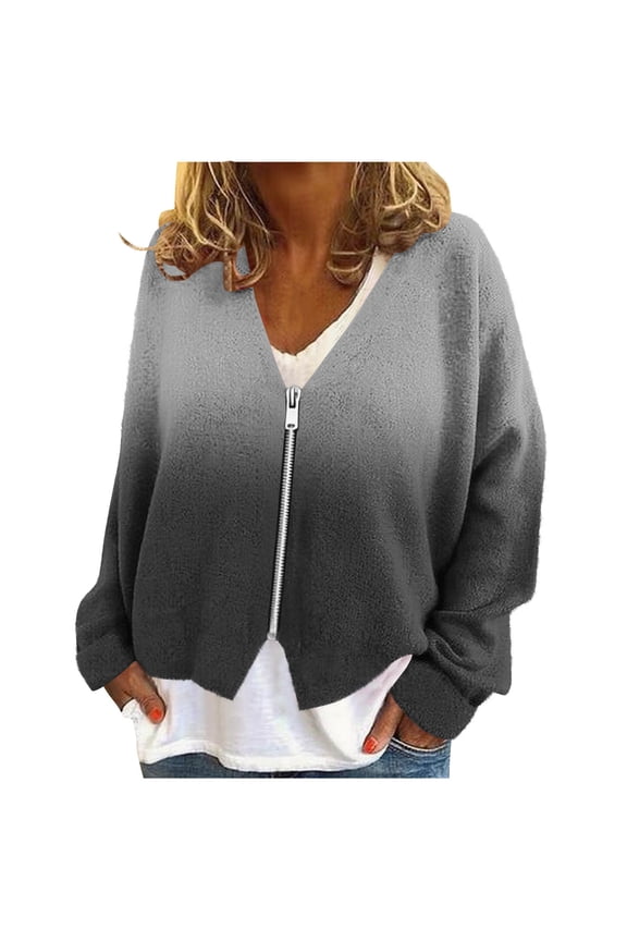 Cardigan Sweaters for Women, Trendy Ombre Thermal Plush Zip Up Tops Outerwear Women Fall Clothes Ribbed Early Fall Fashion