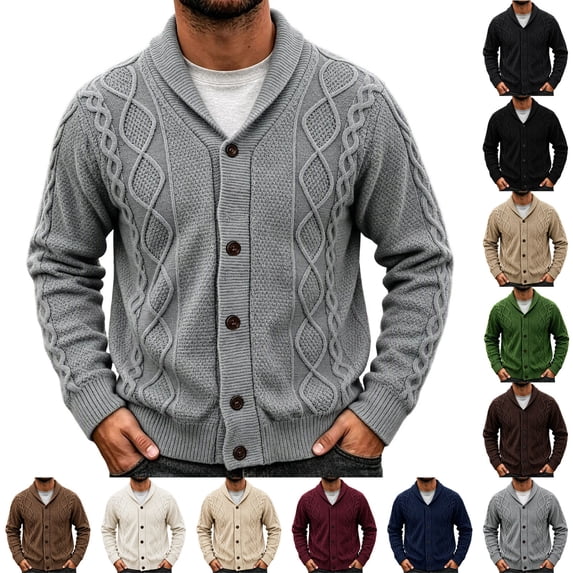 Lovzfmll Cardigan for Men, Shawl Collar Cable Knit Button Front, Casual Long Sleeve Sweater for Men, L
