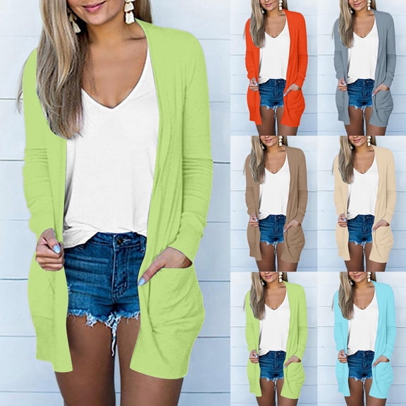 Lovzfmll Cardigan for Women, Solid Color Open Front Cardigan, Long Sleeve Top with Pockets, Fall Clothing