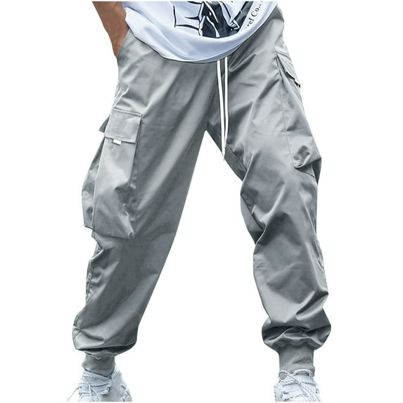 Lovzfmll Cargo Pants for Men, Men's Pants, Water Ripstop Cargo Pants, Lightweight Solid Color Loose Casual Pocket Outdoor Elastic Waistbelt Jogger Drawstring Work Hiking Pants Gray M