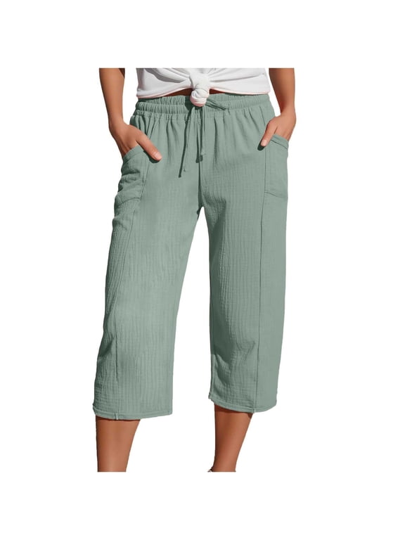 Cargo Pants for Women, Summer Drawstring Waist Capris, Casual Utility Pants with Pockets Mint Green, 2XL