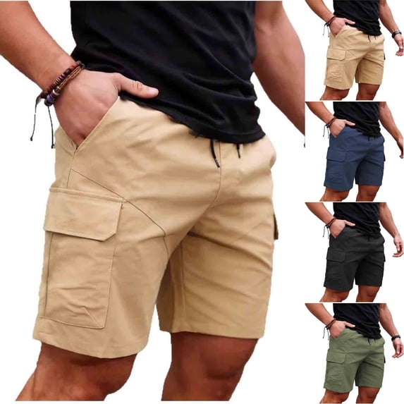Lovzfmll Casual Sports Drawstring Elastic Waist Multi-Pocket Cargo Shorts for Men, Athletic Cargo Bermuda Shorts Khaki, L