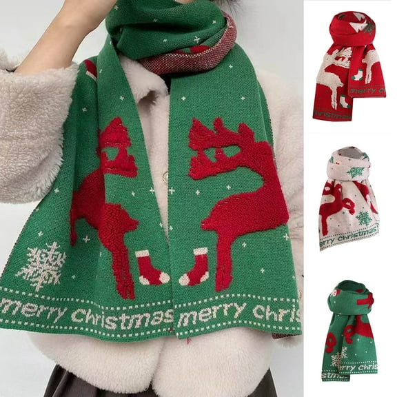 Lovzfmll Christmas Red Scarf for Women & Men, Cute Reindeer Pattern Soft Knitted Long Shawl Scarf, Fall Winter Holiday Gift